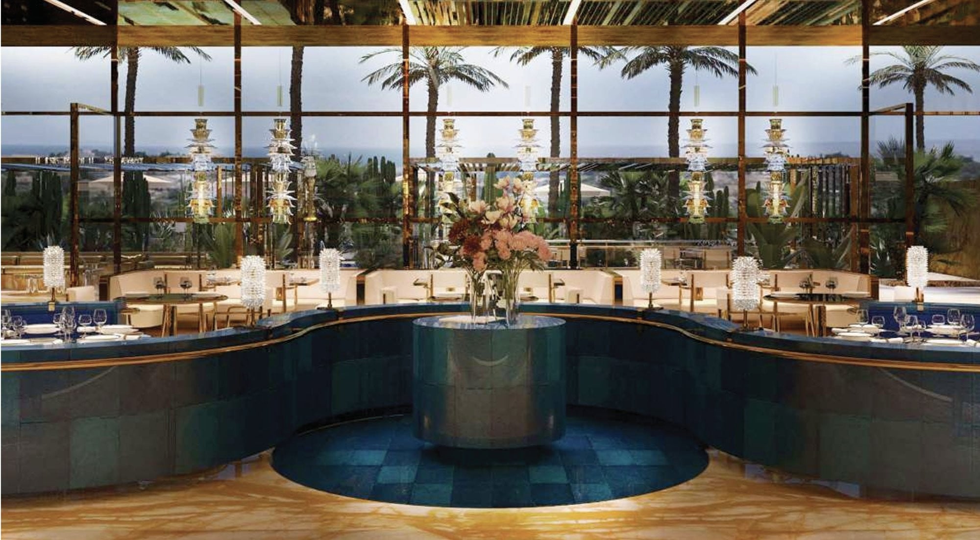 Bar och restaurang med kristallkrona